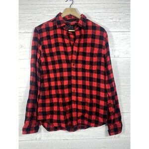 Denim & Flower Men's Size M 100% Cotton Flannel Red Black Plaid Shirt Slim EUC